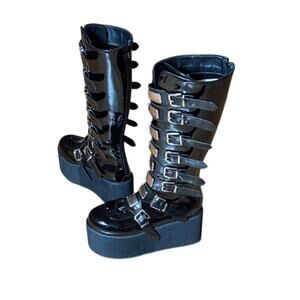NWOT Demonia Swing 815 Goth Platform Patent Leather Buckle Knee Zip Boots 8/8.5